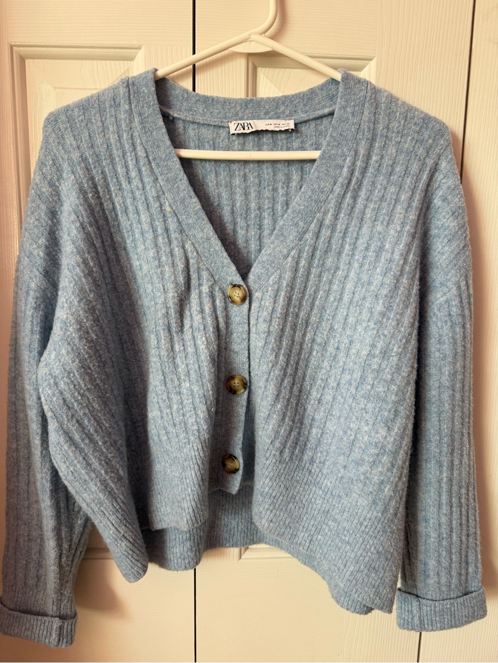 Zara Pale Blue Ribbed V-Neck Button Cardigan